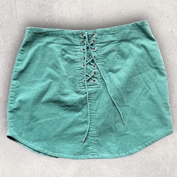 ⭐️ Forever 21 Womens Sm green/teal Cordoroy Mini Skirt with Stretch Waist & Tie - Picture 1 of 4